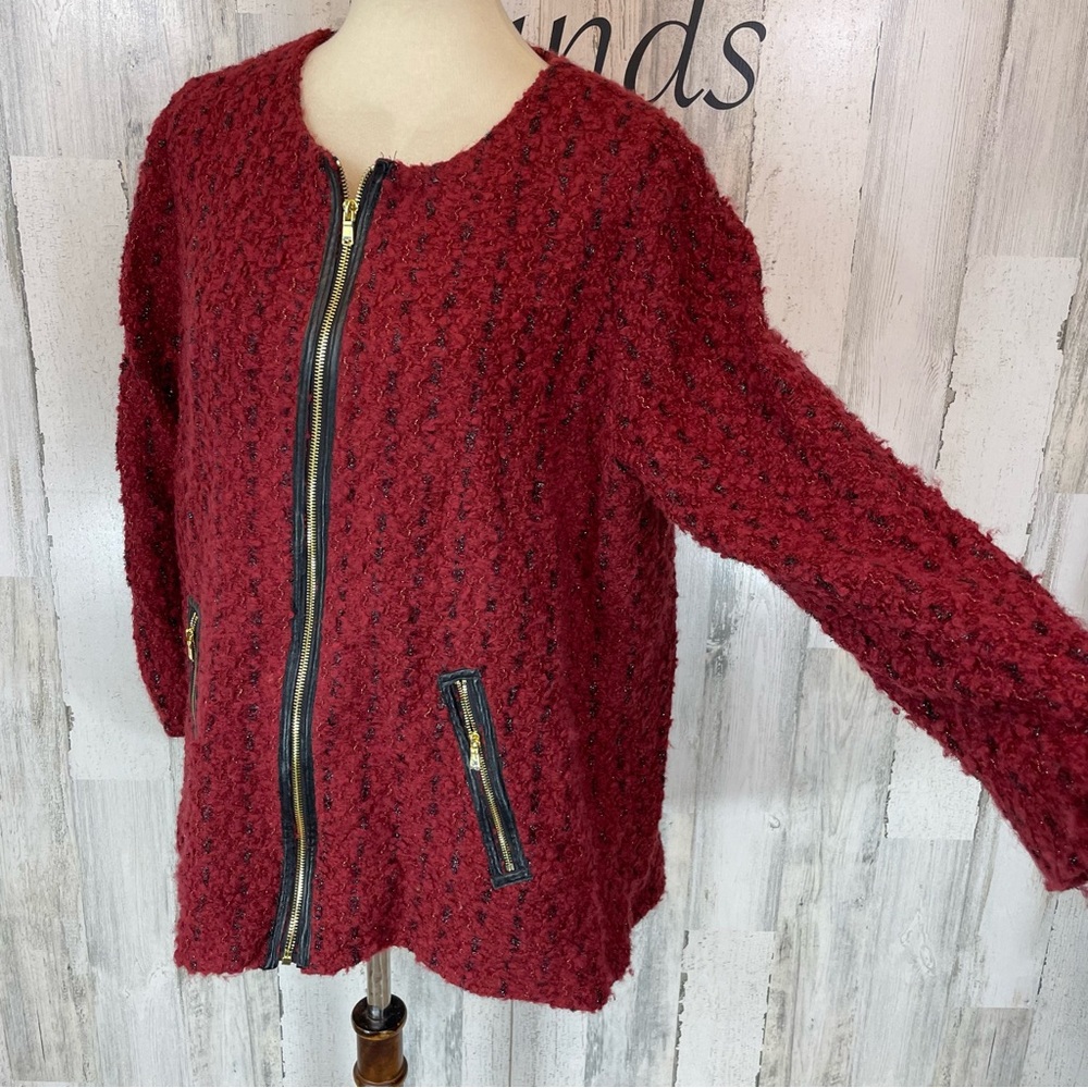 Peck & Peck Red Black Fuzzy Tweed Zip Up Long Sleeve Jacket Size X-Large